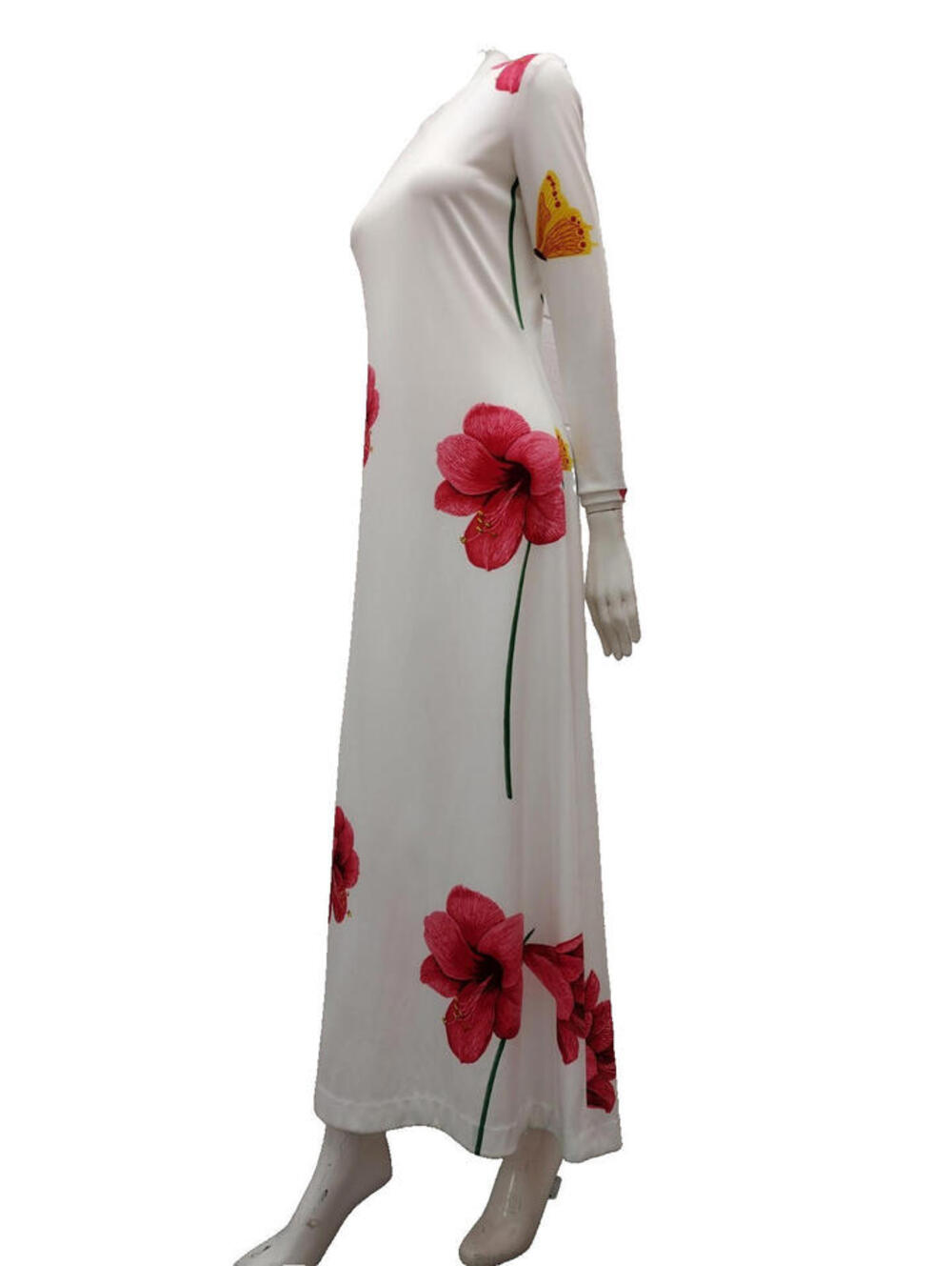Vintage 1970s White Maxi Hawaiian Dress Butterfly Long Sleeve Size S Twink Slim